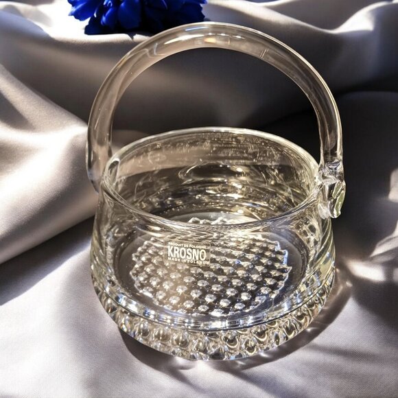 Rare Vintage Krosno Glass Basket Made in Poland Elegant Clear Handblown Design - Picture 1 of 11